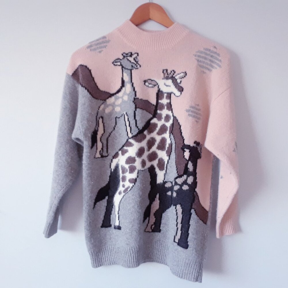 LAST DAY Vintage 80s  90s Lambswool Angora Giraffe Print Sweater M